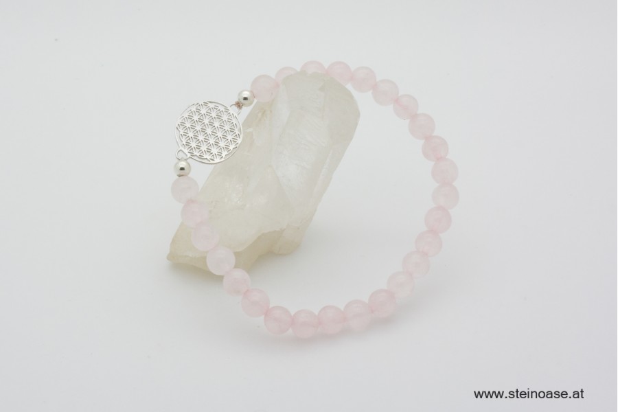 Armband Rosenquarz + Blume d.Lebens, Silber, 6mm